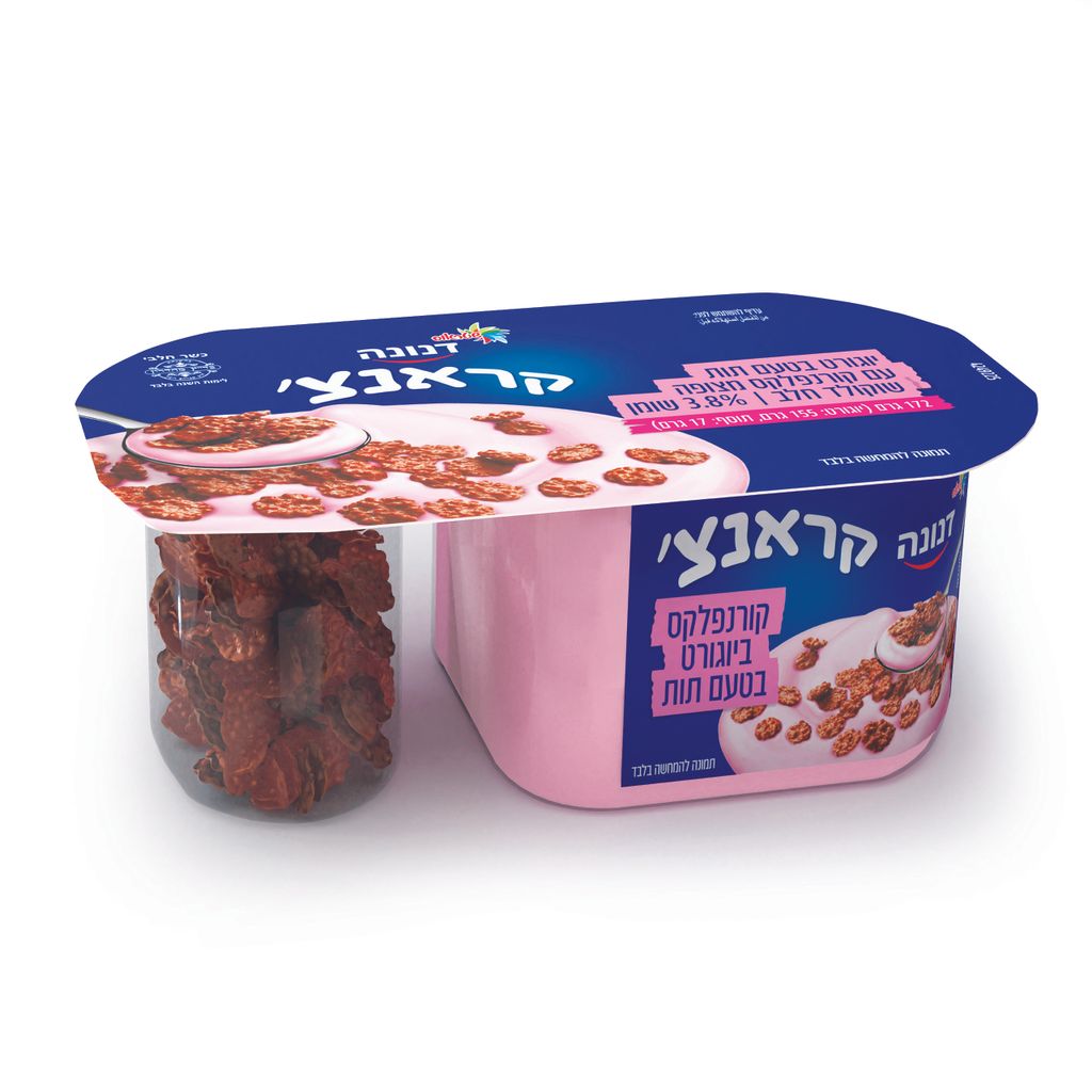 יוגורט דנונה תות ביו עם קורנפלקס 175 מ"ל